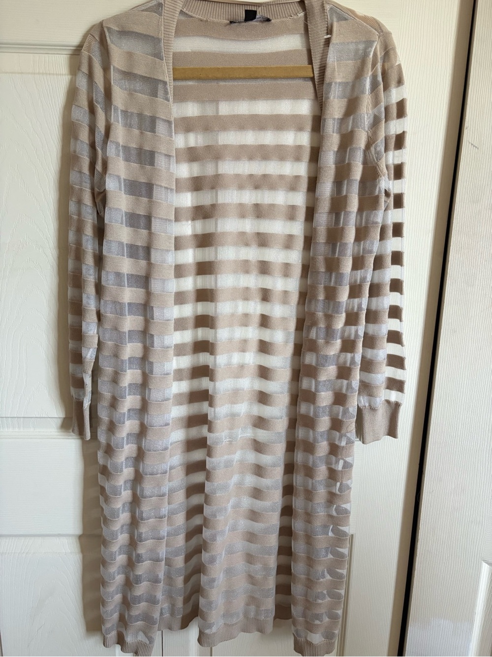 Striped Open-Front Long Cardigan Sweater in Beige and Cream